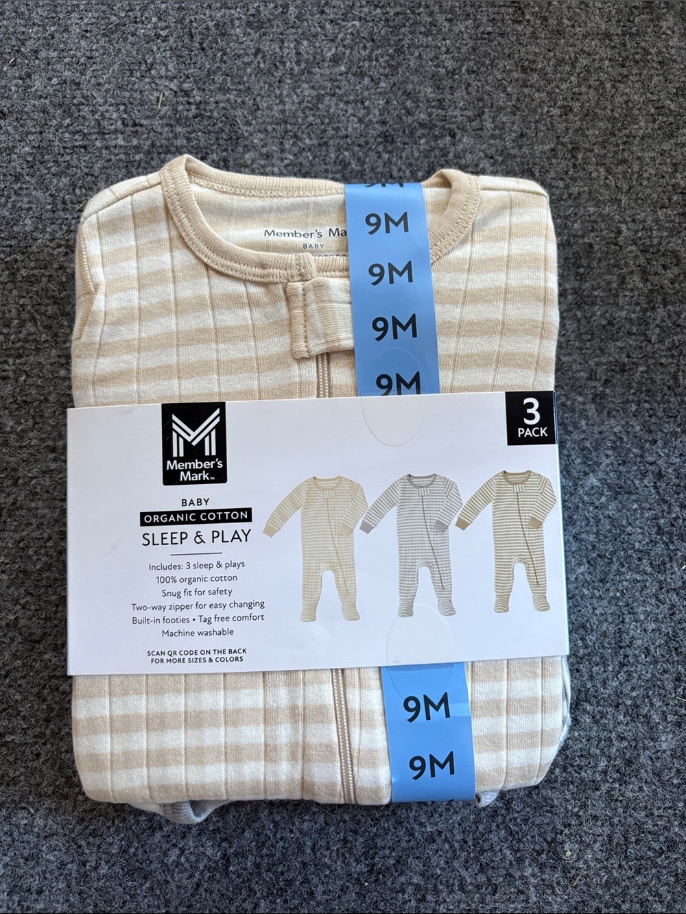 NEW! Member’s Mark Baby Organic Cotton Sleep & Play 3 Pack - Size 9 Month